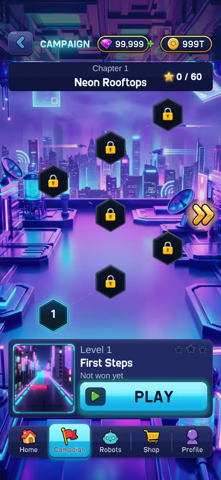 The campaign map of Chapter 1, Neon Rooftops, with locked levels and a Play button for Level 1, First Steps.