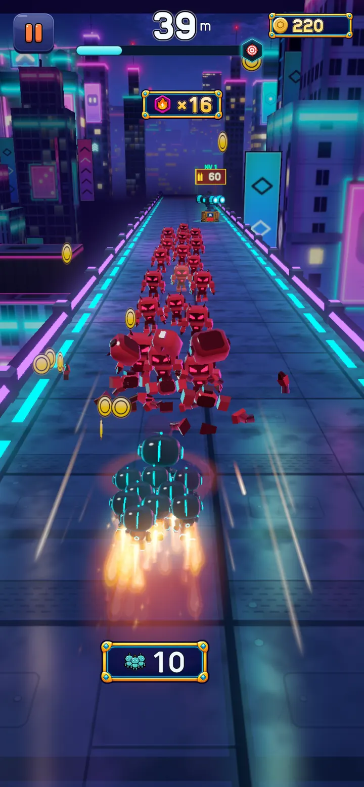 The swarm, leaving a flame trail, blasting through red robots.