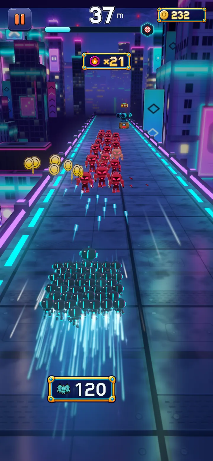 A swarm of 120 robots running down the neon highway.